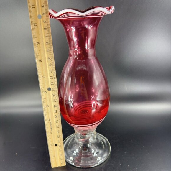 Art Glass Vase Cranberry With White Lines Footed Clear Bottom Glass Ruffled Top - Picture 5 of 12